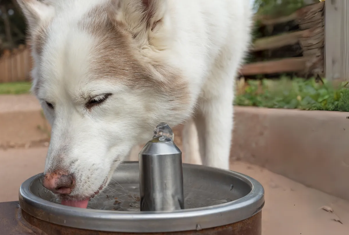 Pale colored dog drinking from raised ground water fountain outdoors