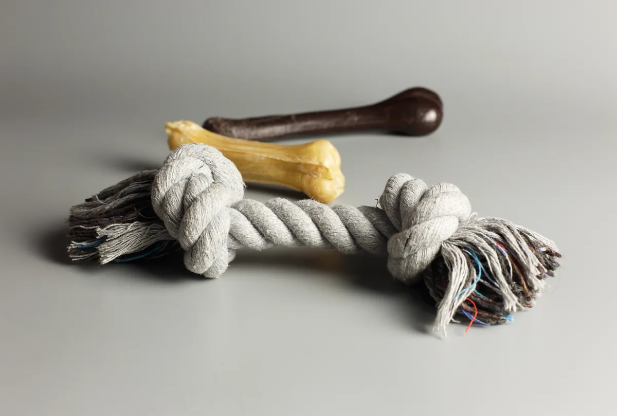 Cotton rope tug toy and bone-shaped dog treats on white background.