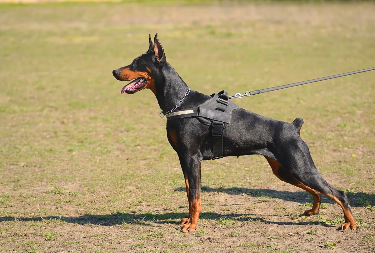 Black and tan doberman pinscher standing on grass with leash