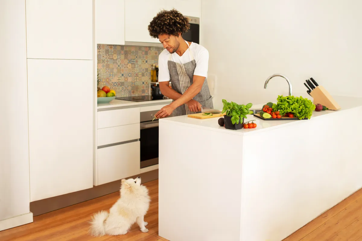 Man preparing vegetables in kitchen while white dog sits nearby