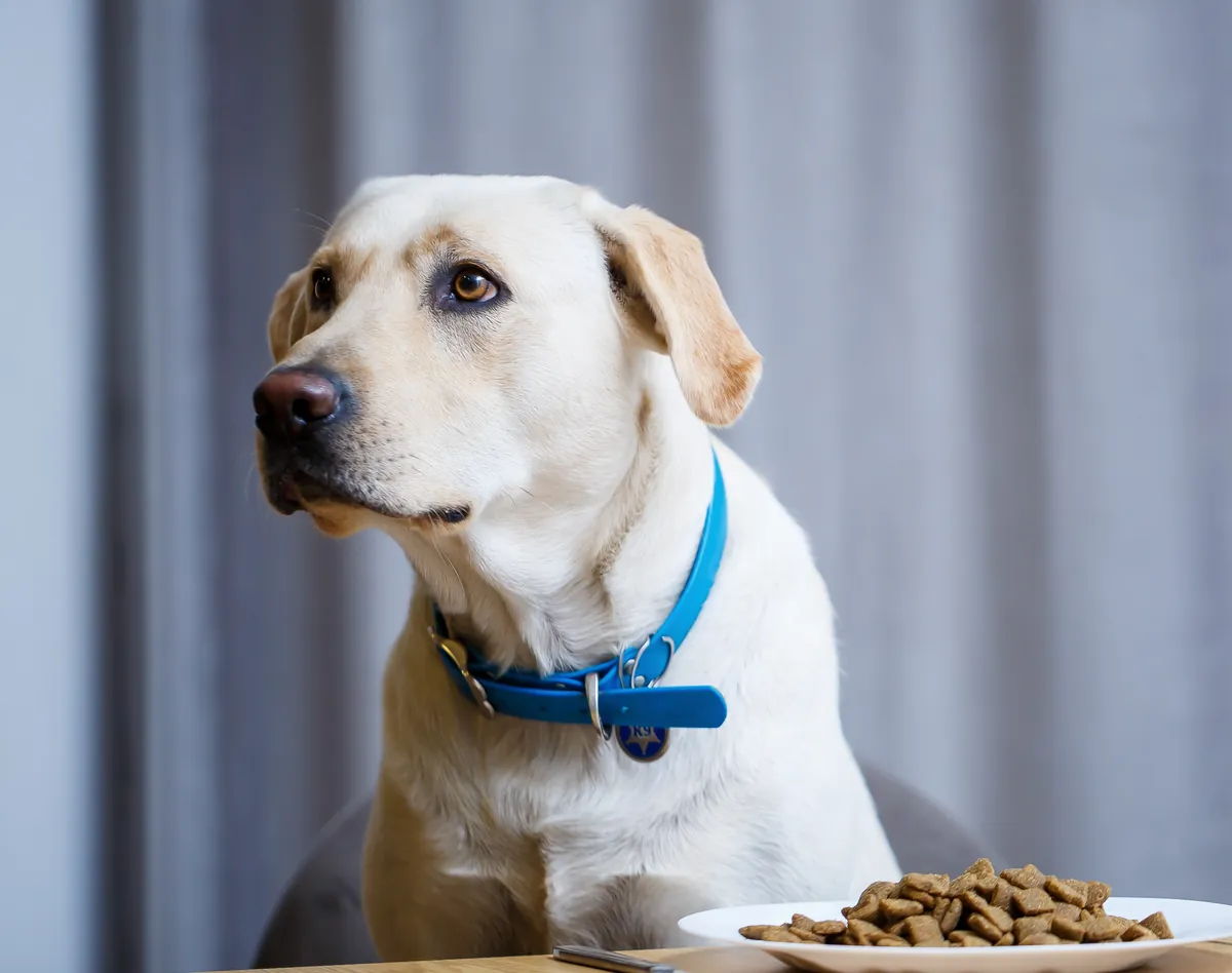 Cream-colored Labrador sitting at dining table near food plate