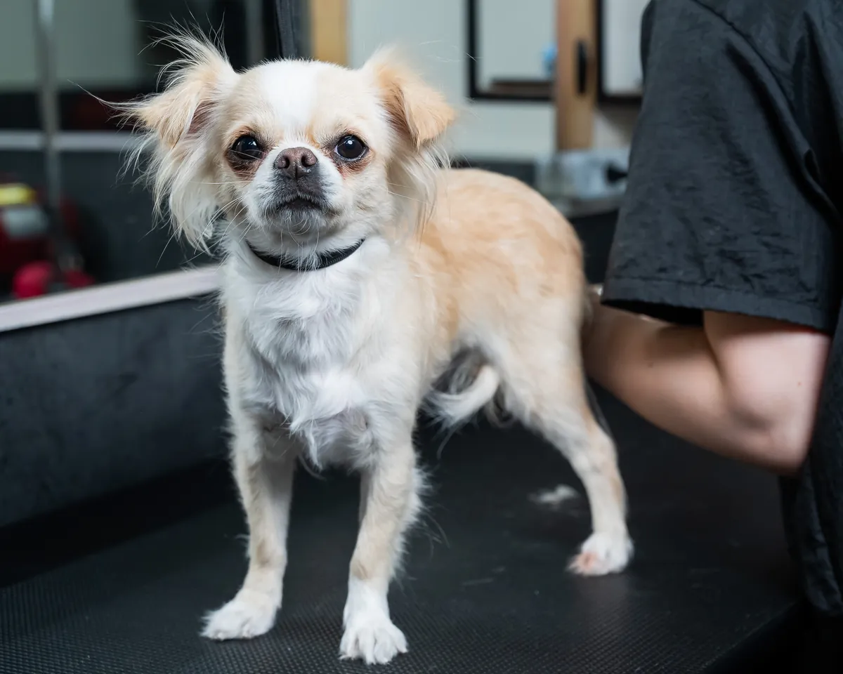 Tan and white Chihuahua being groomed at salon with groomer visible