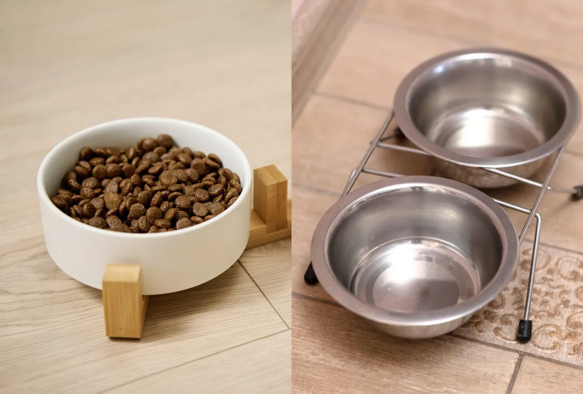 Woman at pet store choosing between dog bowls while shopping