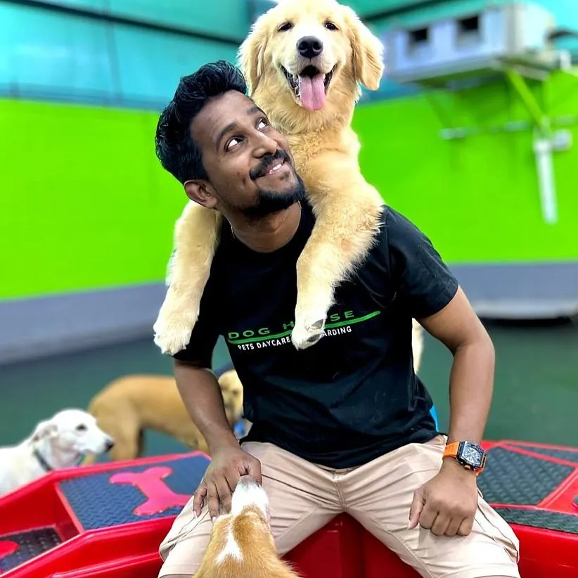 Man holding happy golden retriever at colorful indoor dog daycare facility