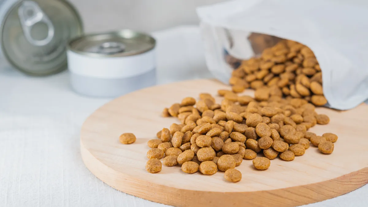 Dry dog kibble scattered on wooden cutting board with storage containers
