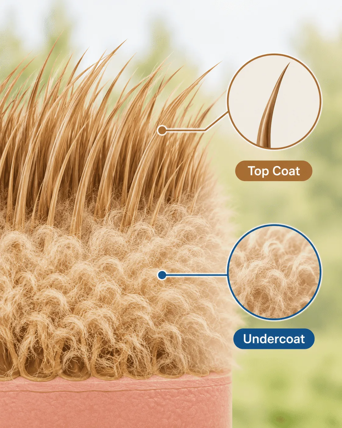 Infographic showing dog coat structure with top coat and undercoat layers