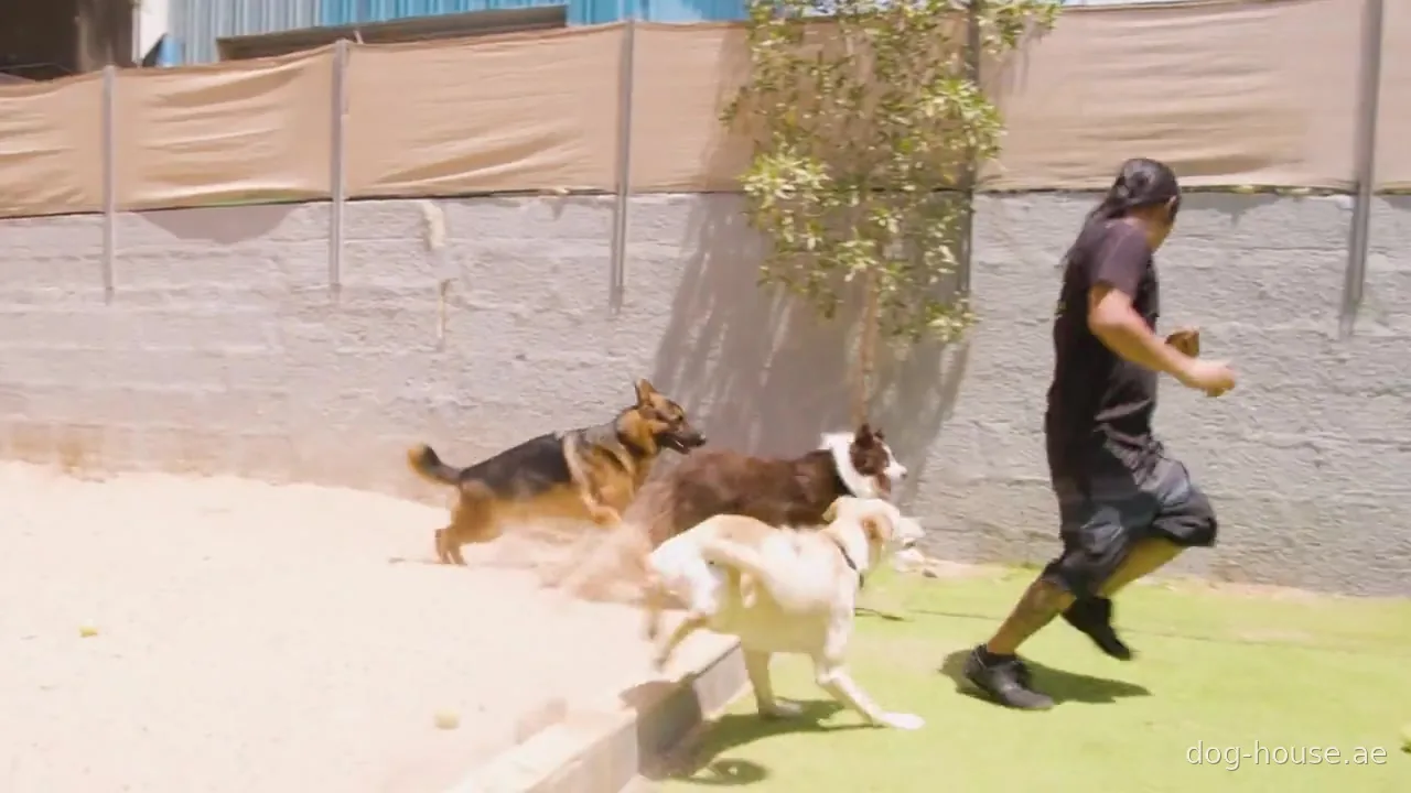 Dogs running with a handler across the outdoor sand run at Dog House